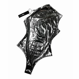 FASHION NOVA Metallic Silver One-Shoulder Bodysuit